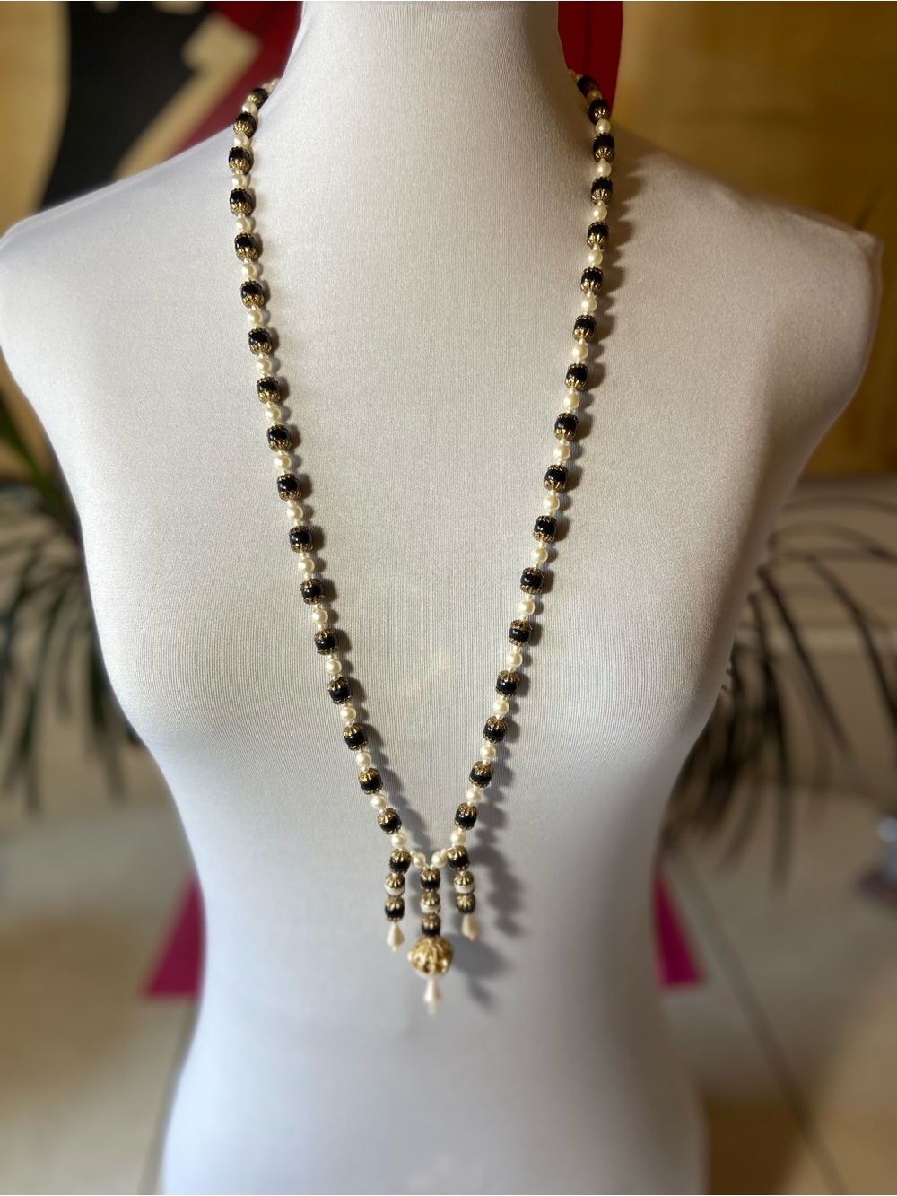 Vintage Black and Gold Beaded Long Necklace with Pearl Drops